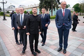 Volodymyr Zelensky with Keir Starmer's head, Emmanuel Macron and Friedrich Merz (Stefan Rousseau/PA) depicted