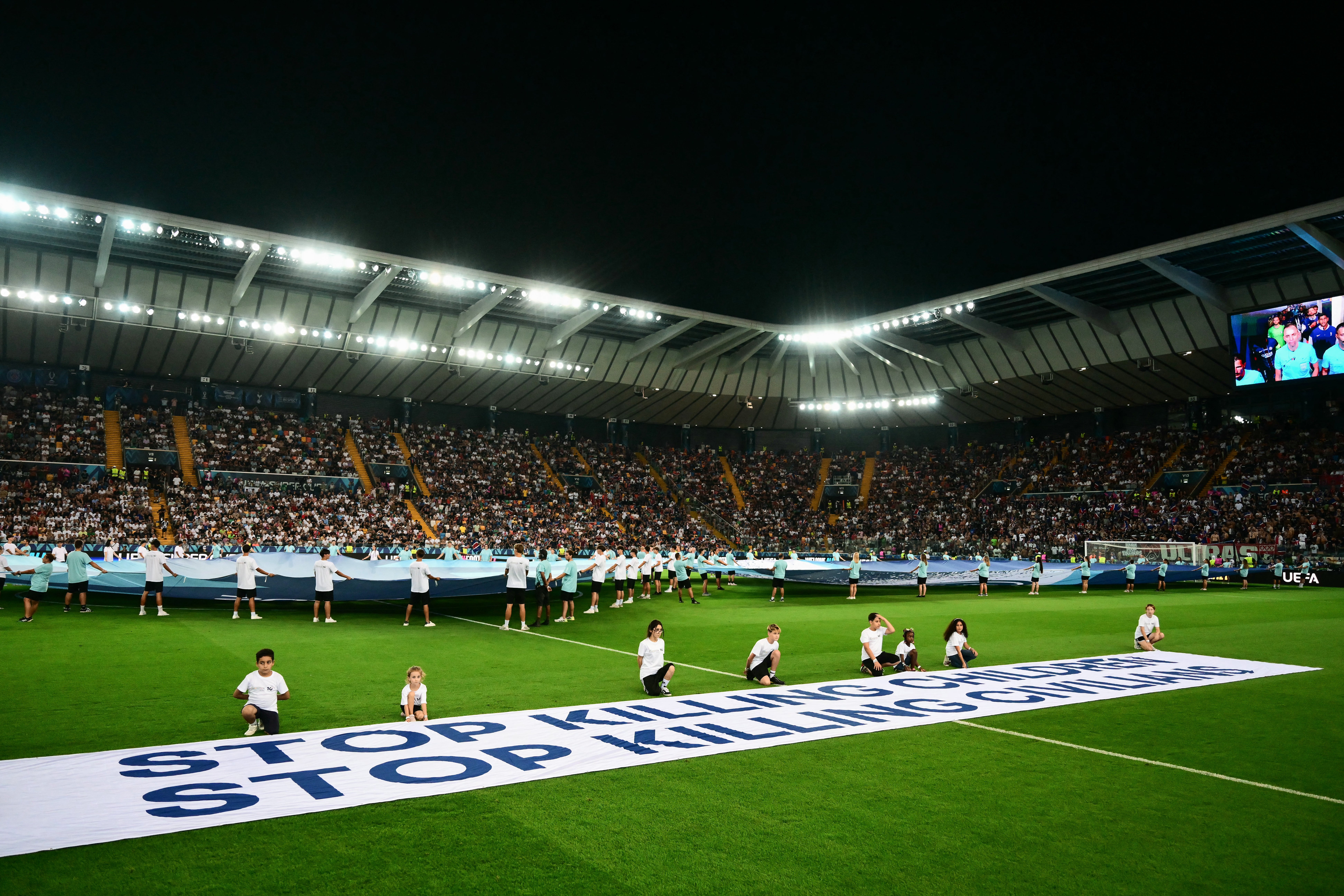 Uefa displayed banners before the Uefa Super Cup match between Tottenham and Paris Saint-Germain in August 2025