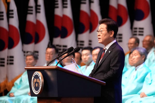 <p>South Korean president Lee Jae Myung speaks during a ceremony to celebrate the 80th anniversary of Korea's liberation from Japanese colonial rule</p>