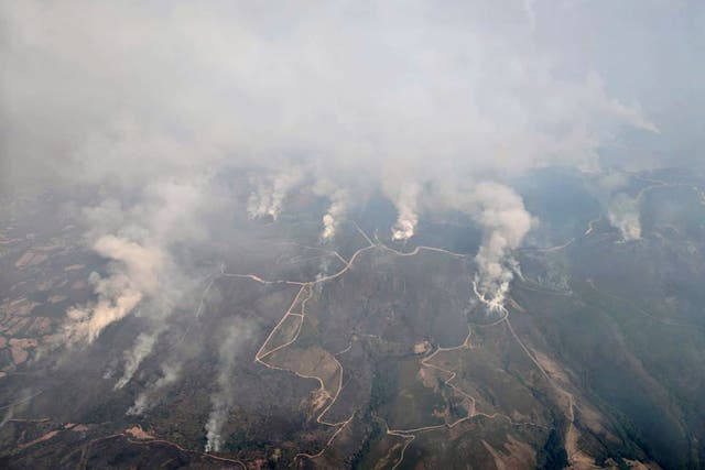 <p>This recent photo taken from a French Canadair water bomber and provided Friday, Aug. 15, 2025 by the Securite Civile shows wildfire in Spain. (Securite Civile via AP)</p>