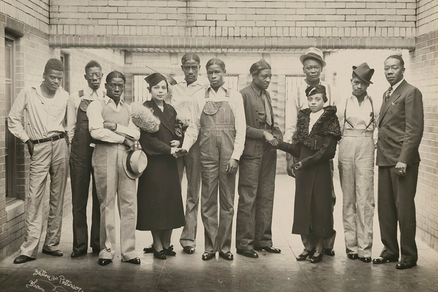 <p>The Scottsboro Boys with lawyer Juanita Jackson Mitchell in 1936. The men and boys spent combined total on 102 years in jail – for a crime that never happened</p>
