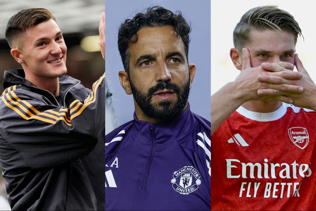 <p>Benjamin Sesko (left) and Viktor Gyokeres (right) are the striking present and past for Man United boss Ruben Amorim (centre)</p>