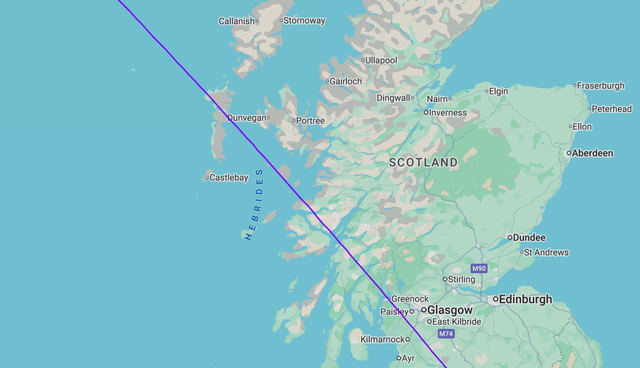 <p>Hebridean express: path of British Airways flight 219 over Scotland's Western Isles</p>