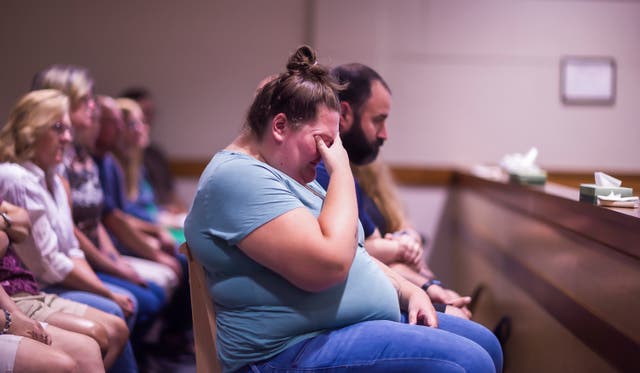 <p>Savana Hammond, reacts as Eric Sweeney, accused of killing his sister-in-law and two young nephews when he was 16 pleaded guilty to second-degree murder charges on Friday, Aug. 15, 2025 at Merrimack County Superior Court in Concord, N.H. (Geoff Forester/ Concord Monitor via AP, Pool)</p>
