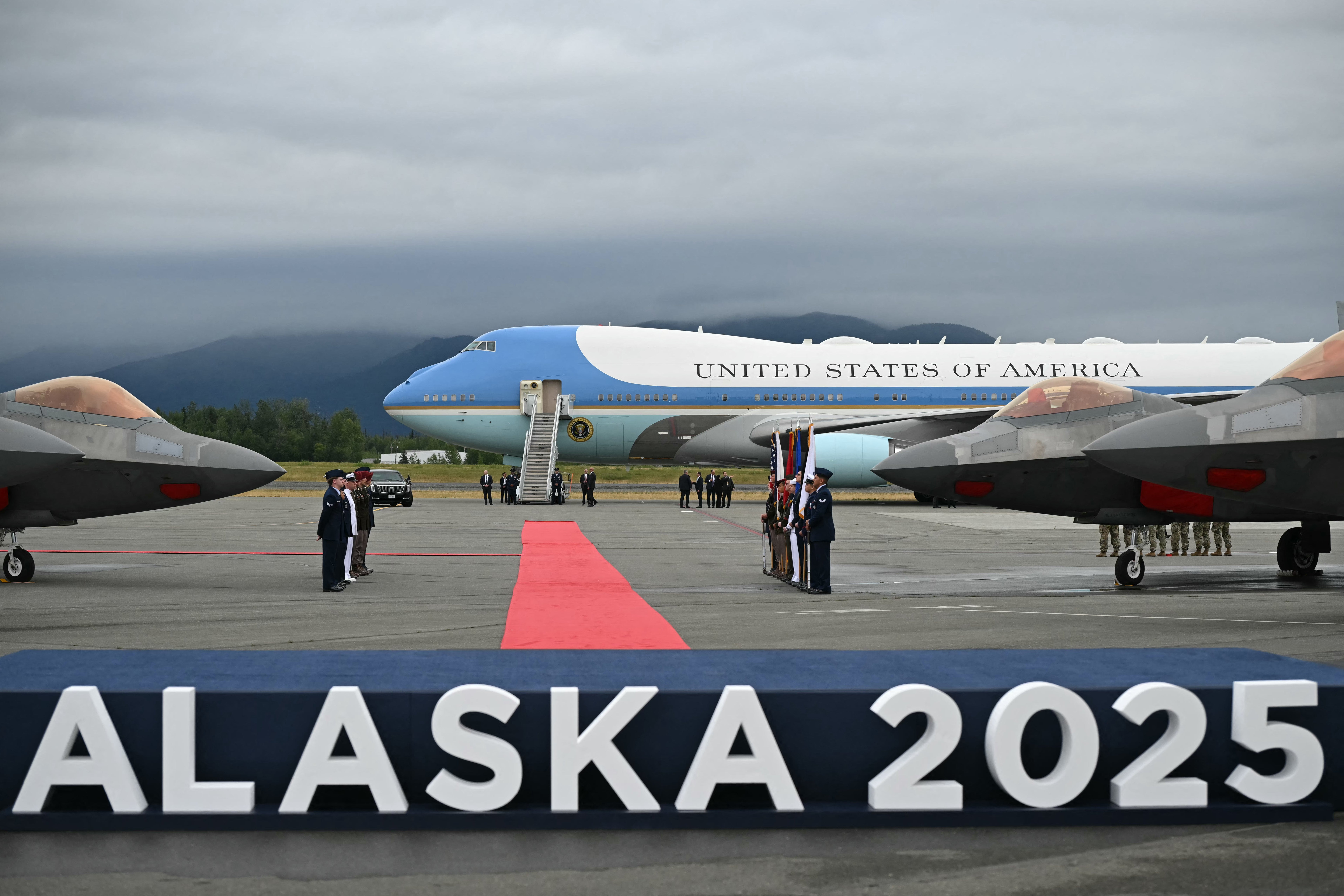 Air Force One is seen on the tarmac after US President Donald Trump landed at Joint Base Elmendorf-Richardson in Anchorage, Alaska