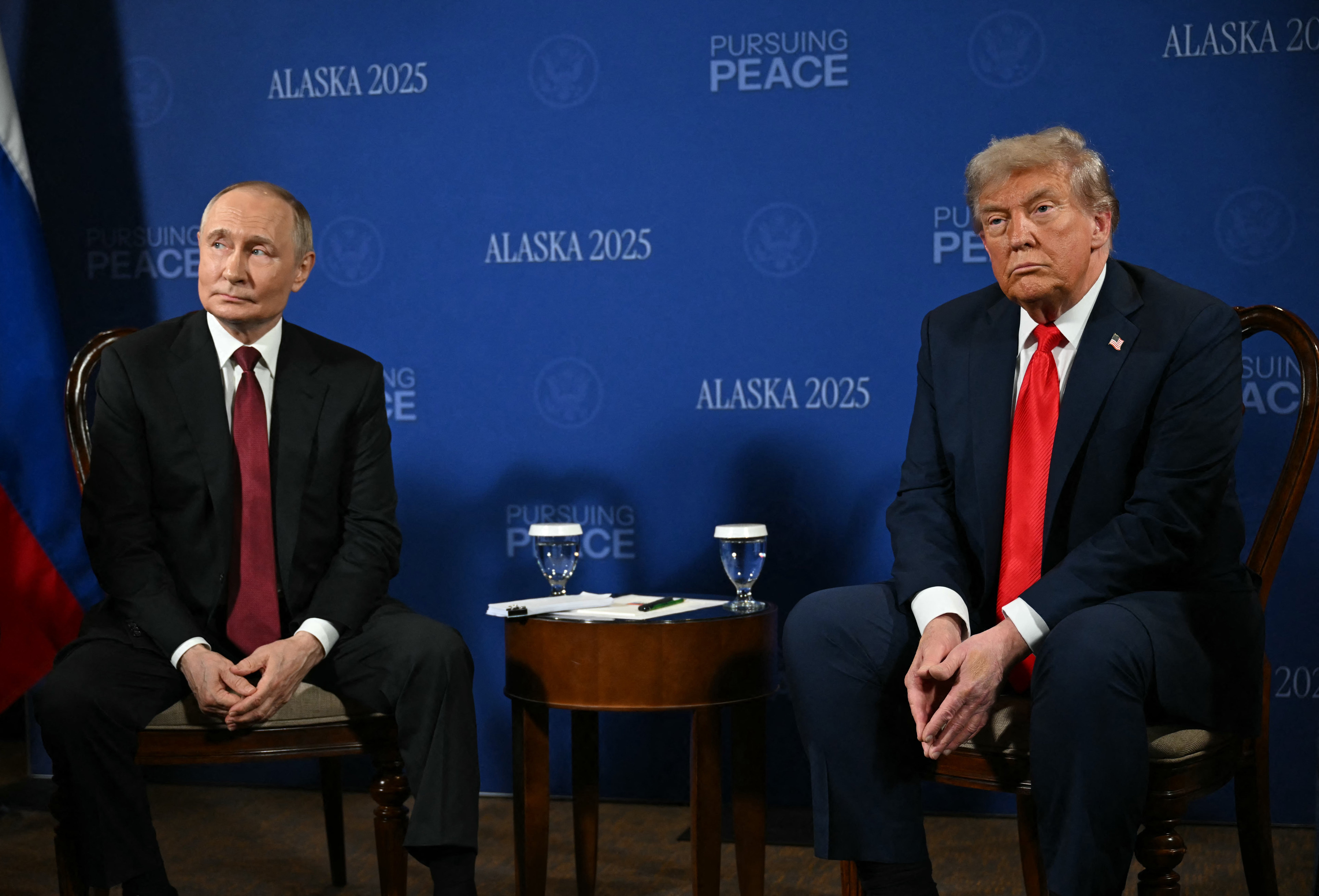 President Donald Trump and Russian President Vladimir Putin meet during a US-Russia summit on Ukraine at Joint Base Elmendorf-Richardson in Anchorage, Alaska