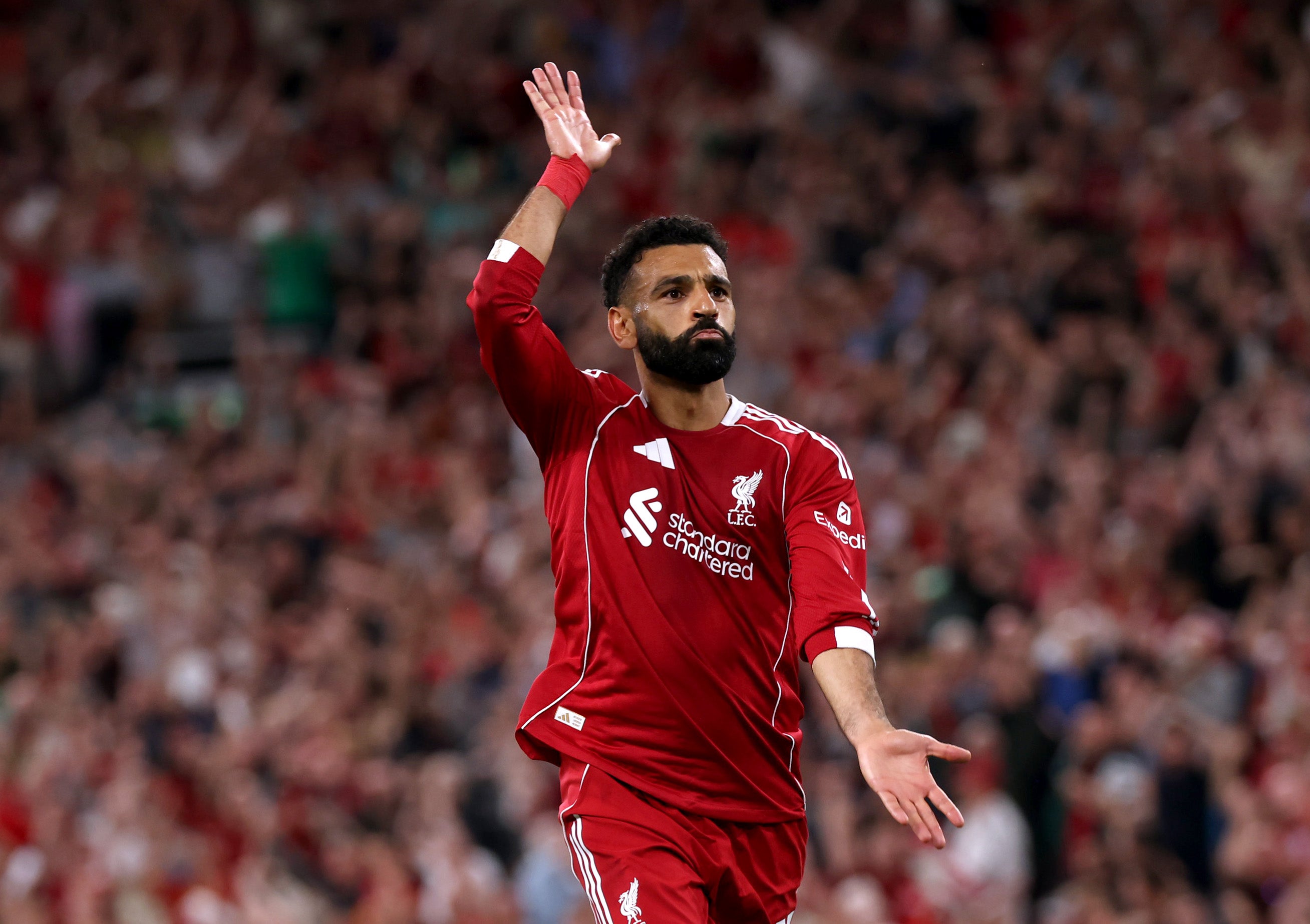 Mohamed Salah does the Jota celebration after scoring