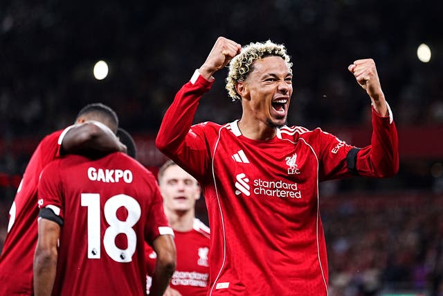 <p>Hugo Ekitike celebrates after setting up Liverpool's second goal</p>