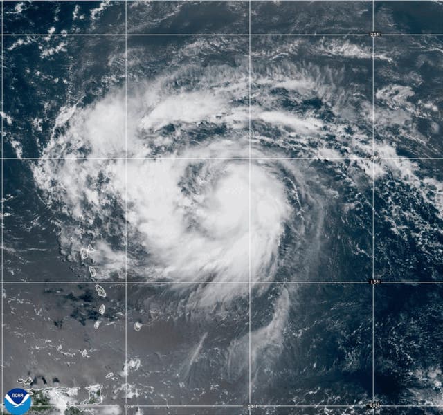 <p>This satellite image provided by NOAA shows Hurricane Erin on Friday, Aug. 15, 2025. Hurricane Erin is expected to turn north and avoid a North American landfall, though it will bring dangerous surf conditions to virtually the entire U.S. East Coast during its journey north</p>