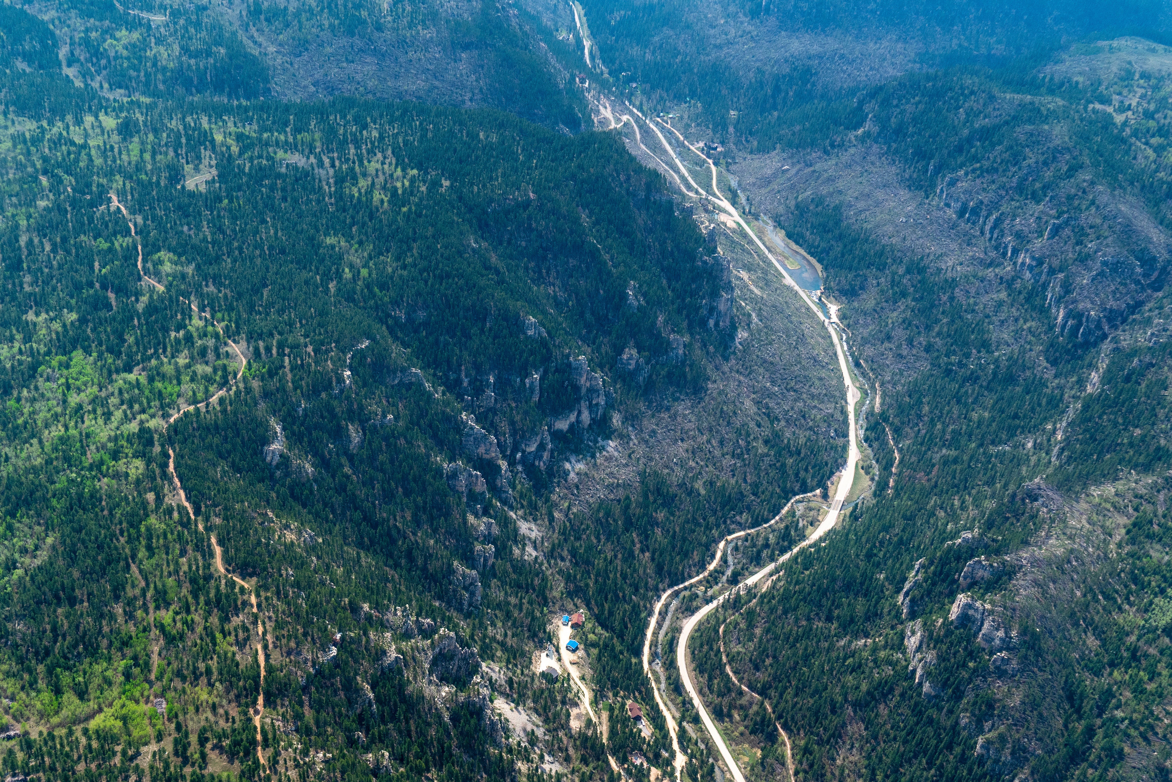 This image provided by EcoFlight shows an aerial view of a road winding through the pine-covered Black Hills on Tuesday, May 23, 2023. (EcoFlight via AP)