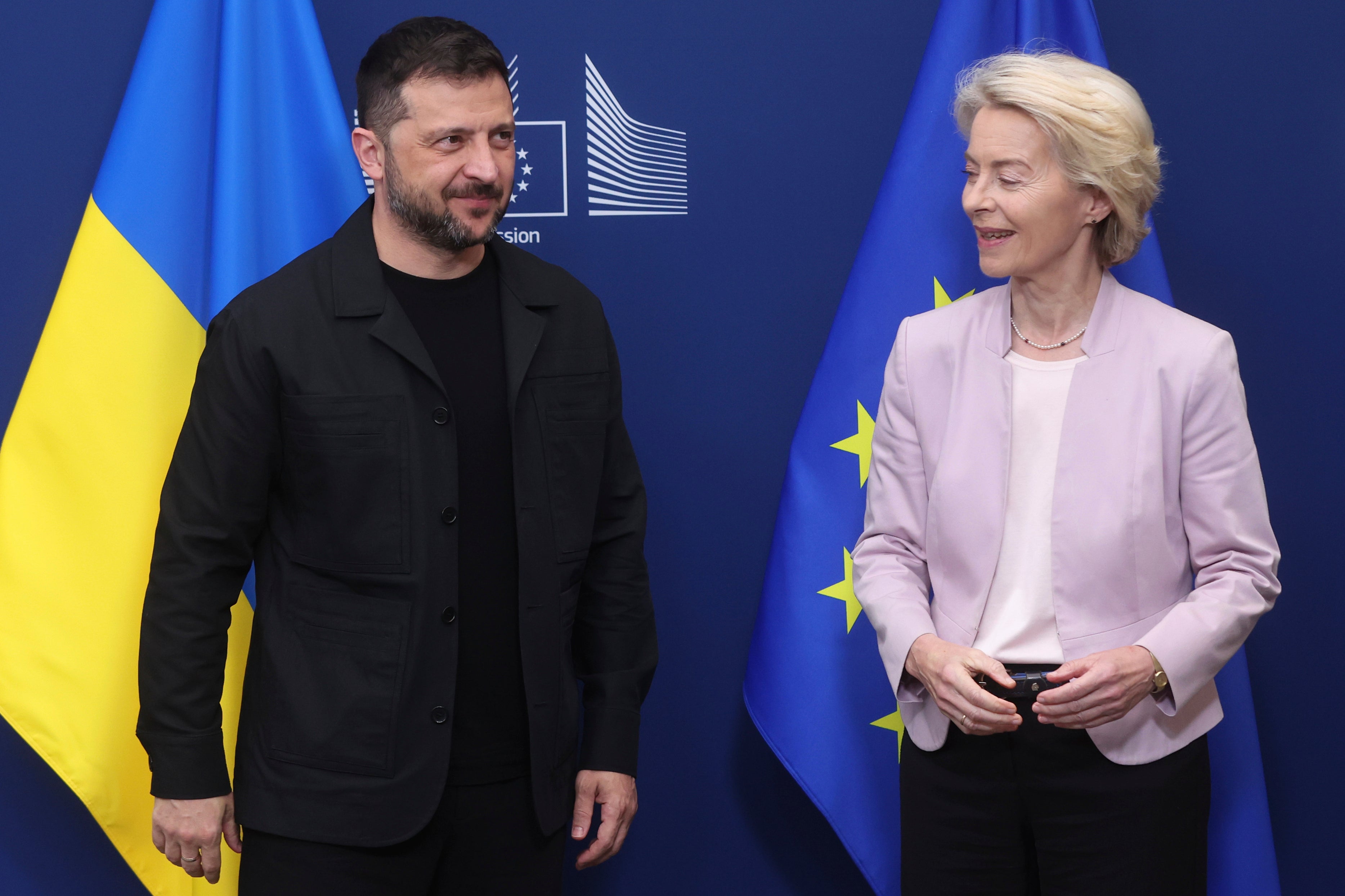 European Commission President Ursula von der Leyen greets Ukraine’s President Volodymyr Zelenskyy in Brussels on Sunday