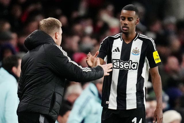 Eddie Howe (left) says the decision whether to fine Alexander Isak lies with others at Newcastle (John Walton/PA)