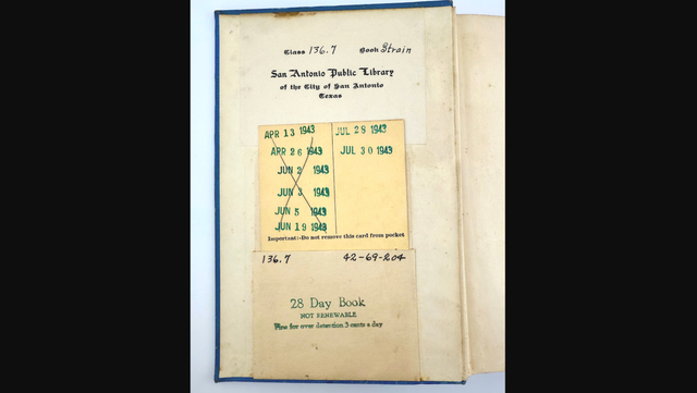<p>The cover inside a San Antonio Public Library copy of "Your Child, His Family, and Friends" by marriage and family counselor Frances Bruce Strain. The book was returned to the library in 2025, 82 years after its last check-out</p>
