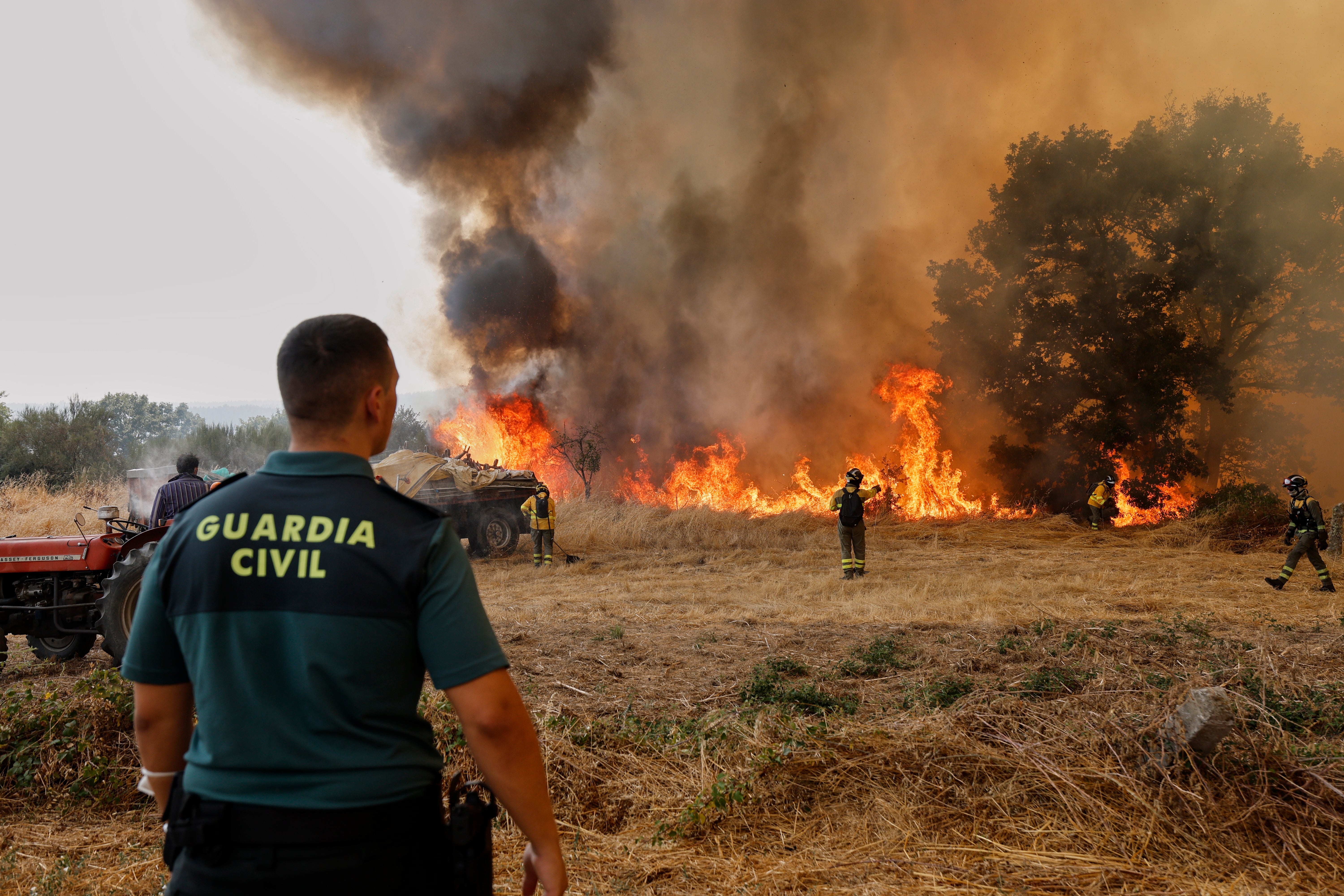 Spain Firefighters battle a wildfire in Veiga das Meas, northwestern Spain, Saturday, Aug. 16, 2025. (AP Photo/Lalo R. Villar)