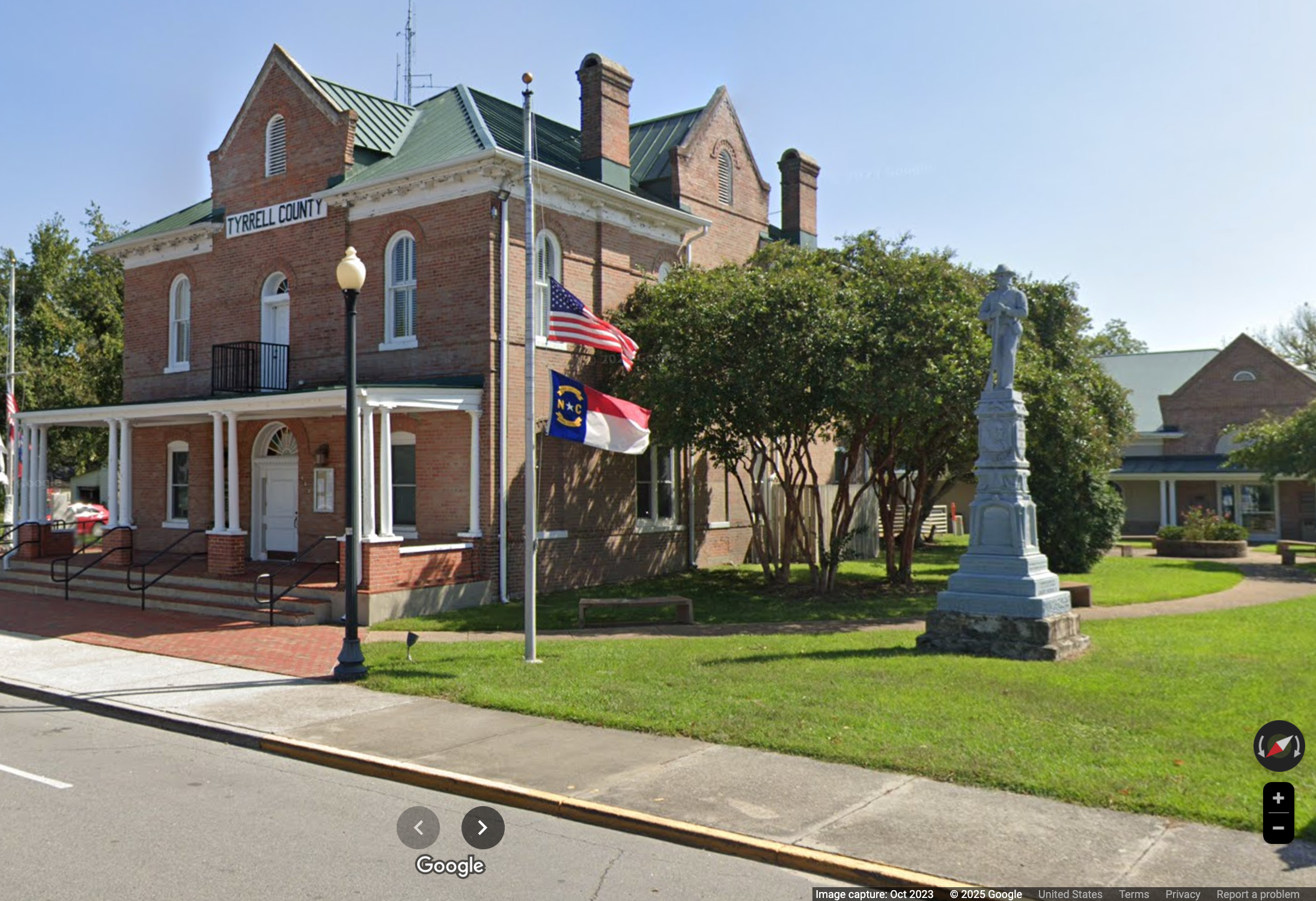 A Confederate statue outside of the Tyrrell County Courthouse in Columbia, North Carolina. A group of local residents launched a federal lawsuit in 2024 asking to have one of the statue's inscriptions — which reads