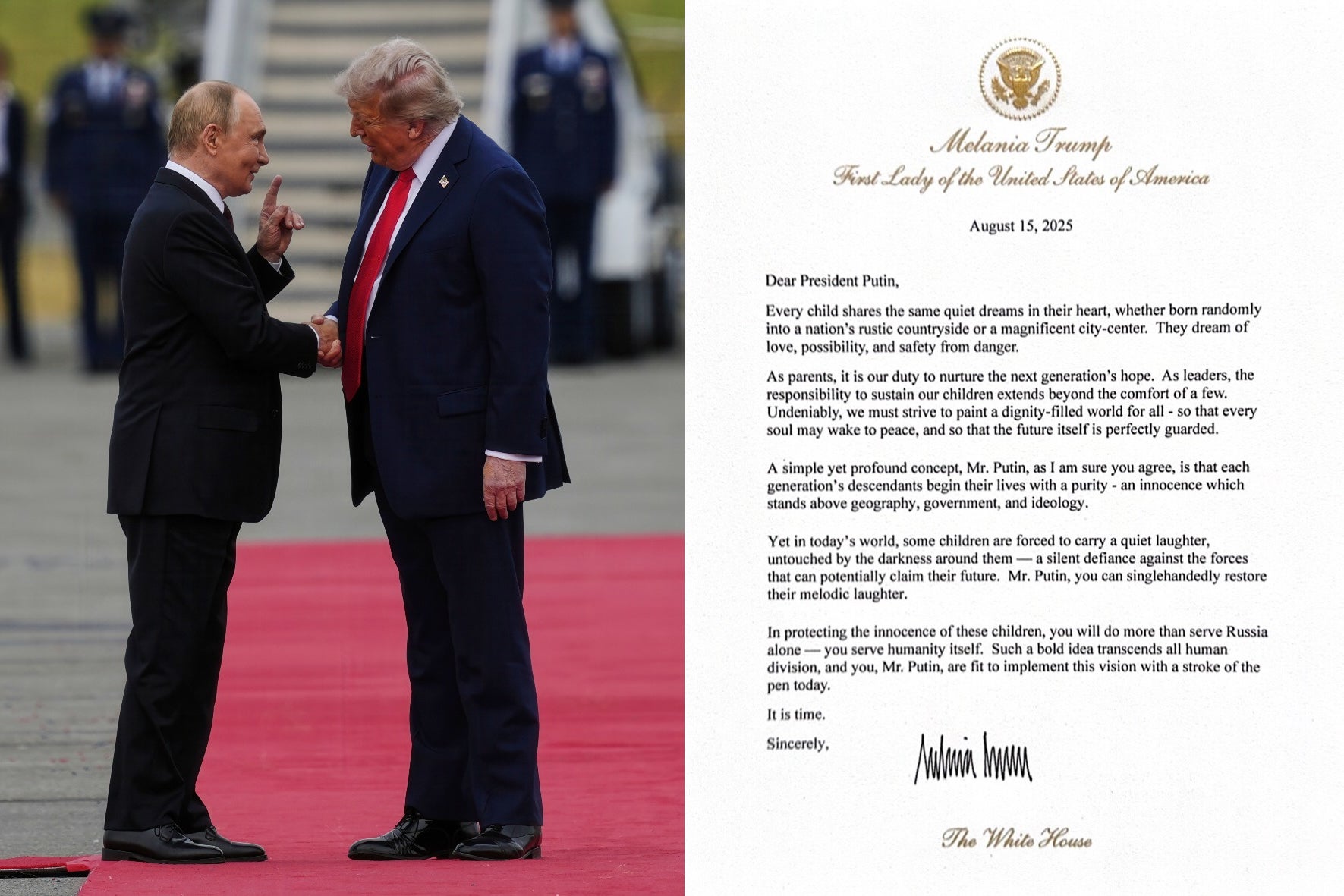First lady’s letter to Putin, delivered by President Trump during Alaska summit, urges Russian leader to think of children impacted by war in Ukraine