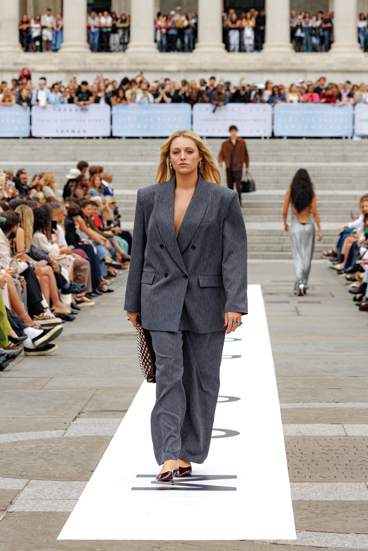 Out of the box: the brand’s 1980s-inspired tailored grey suit