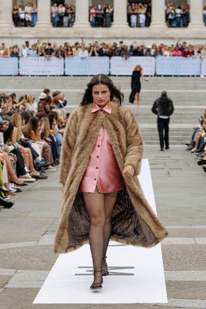 Topshop collarless faux fur long coat