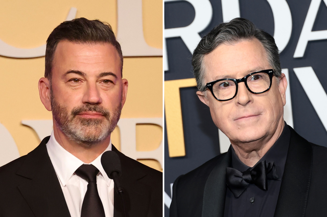 <p>Jimmy Kimmel (left) defended Stephen Colbert (right) from 'nonsensical' reports that claimed his late night show lost CBS $40 million</p>
