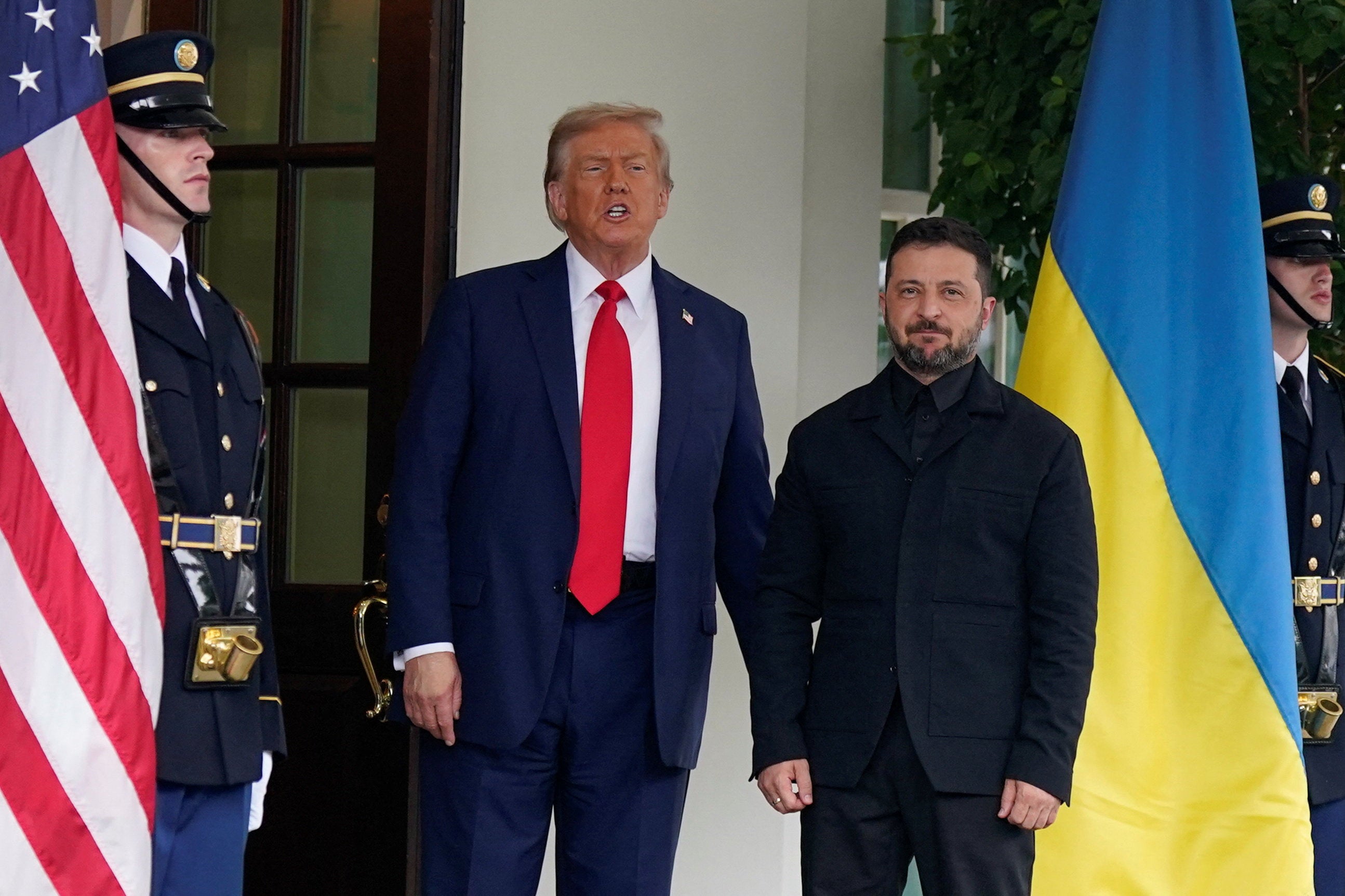 Volodymyr Zelensky arrived for his meeting with President Donald Trump in the Oval Office wearing an all black suit, but no tie – months after he was derided for his lack of formal dress during his previous, and now infamous, visit to the White House.