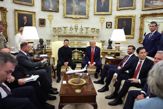 <p>JD Vance sits beside Secretary of State Marco Rubio in the Oval Office during talks with Ukrainian president Volodymyr Zelensky</p>