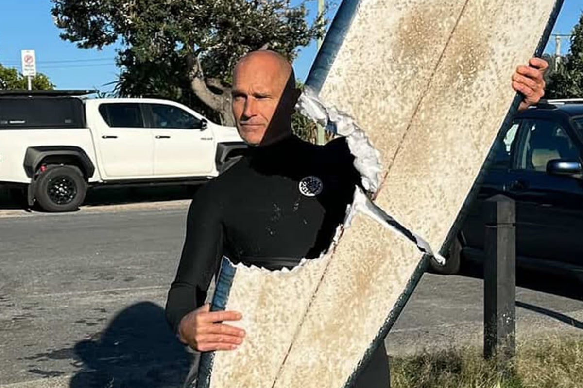 Shark tears huge bite-sized chunk out of surfer’s board in terrifying close encounter