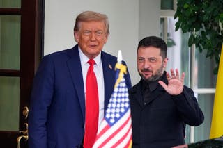 President Donald Trump greets Ukraine's president Volodymyr Zelensky as he arrives at the White House