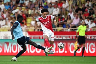 Maghnes Akliouche controls the ball for Monaco against Le Havre