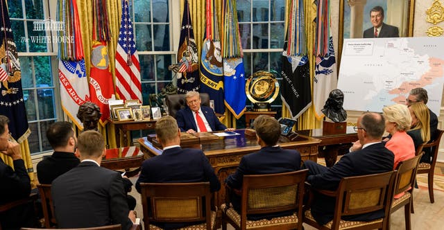<p>New pictures showing Donald Trump sitting in the Oval Office in front of several major world leaders has been criticized online as an ‘embarrassing’ power play by the president, in what should have been a display of global unity</p>