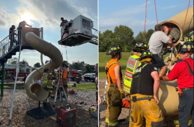 <p>A crew of Connecticut firefighters was forced to cut open a children’s playground slide to release a middle-aged man stuck inside</p>