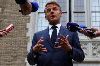 French president Emmanuel Macron speaks with the media after a meeting with US president Donald Trump, Ukrainian president Volodymyr Zelensky and European leaders, amid negotiations to end the Russian war in Ukraine at the French Embassy in Washington, DC