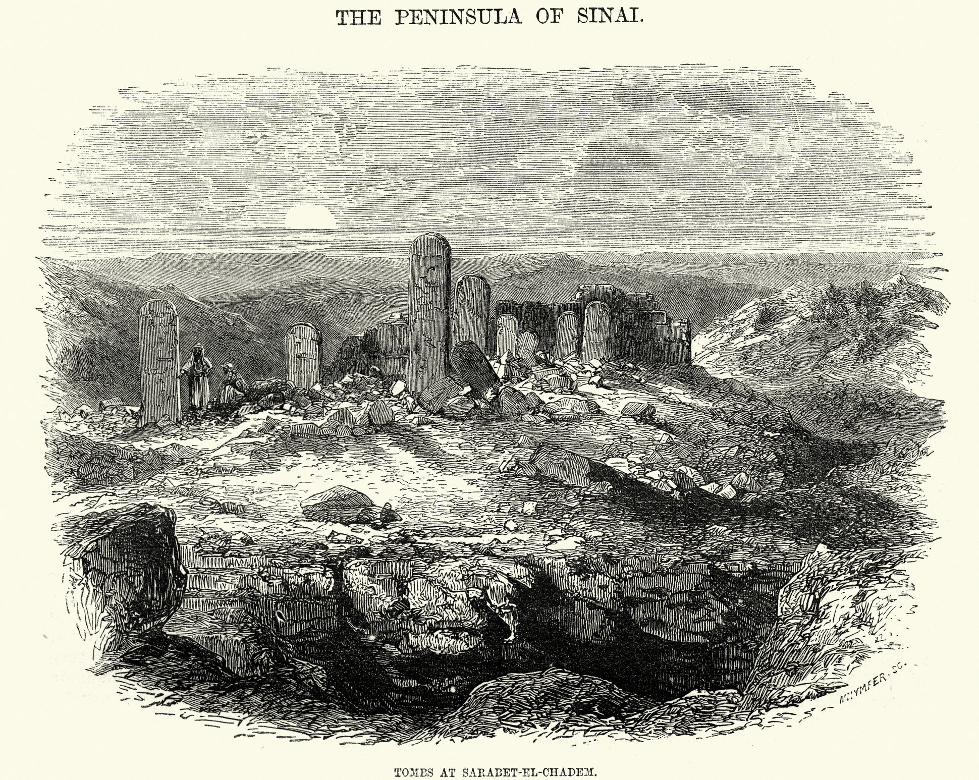 Vintage engraving of Ancient tombs at Serabit el-Khadim, Sinai 19th Century
