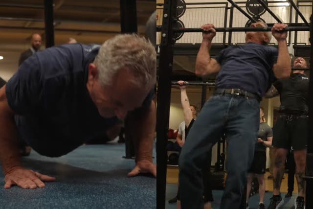 <p>RFK Jr took part in a fitness challenge alongside Pete Hegseth, in a t-shirt and jeans</p>