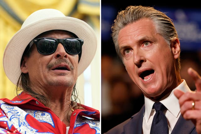 <p>Kid Rock (left) responded after California Governor Gavin Newsom mocked him online with a Trump-style post</p>