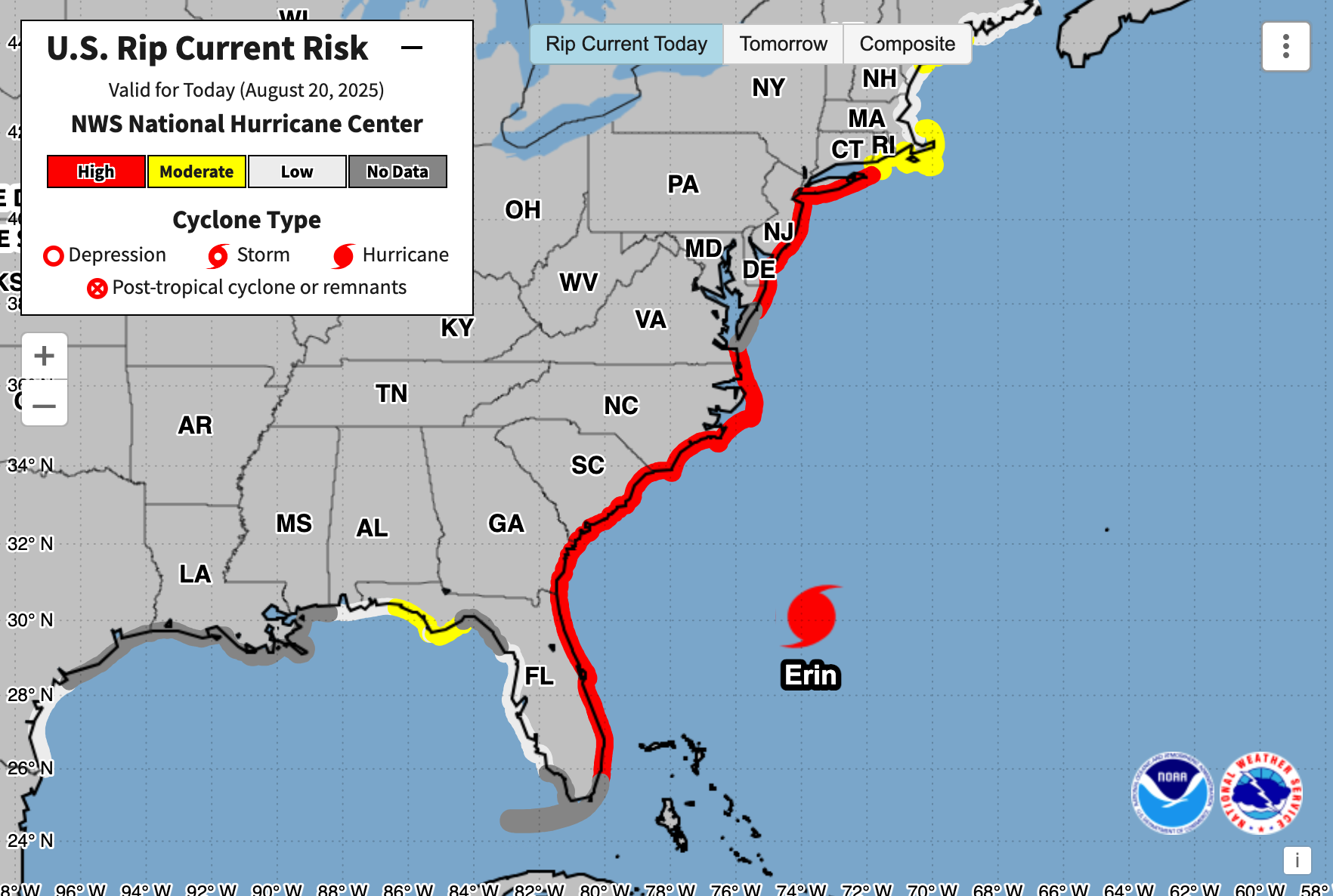 A NOAA/NWS map showing Hurricane Erin's approximate position on August 20, 2025. The storm's tropical-storm-force winds will bring dangerous rip currents to virtually the entire U.S. East Coast, and tropical storm conditions as well as storm surge flooding to parts of North Carolina and Virginia