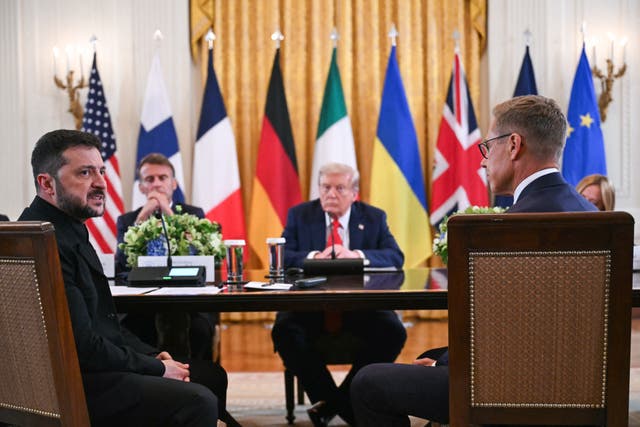 <p>Ukrainian President Volodymyr Zelensky speaks as French President Emmanuel Macron, US President Donald Trump and Finnish President Alexander Stubb listen during a meeting with European leaders in the East Room of the White House in Washington, DC</p>