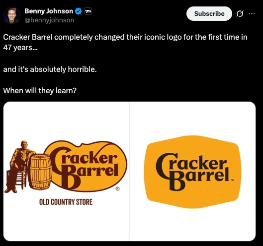 MAGA influencer Benny Johnson melts down over Cracker Barrel's redesigned logo on X on Wednesday August 20 2025