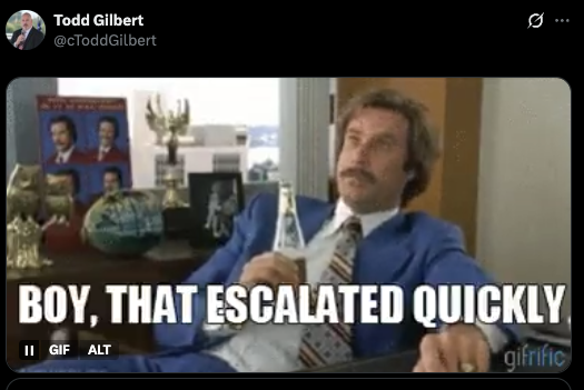 Interim U.S. Attorney for the Western District of Virginia Todd Gilbert posts an Anchorman meme in lieu of an explanation for his sudden resignation from public office on Wednesday August 2025