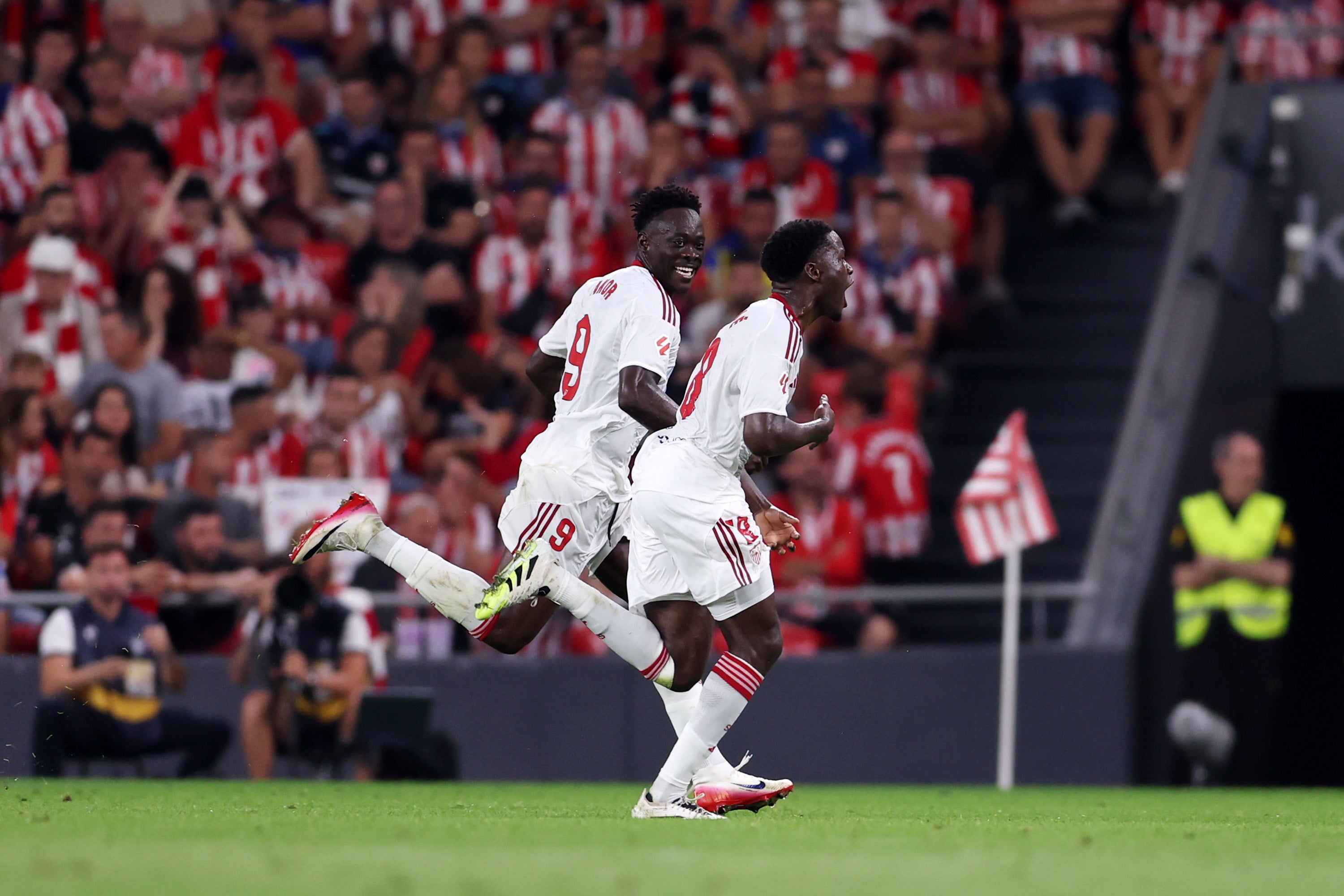 Agoume (R) scored last week in Sevilla's opening game of the new La Liga season