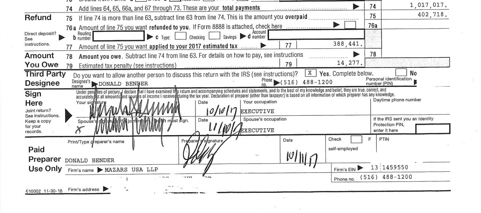 Signatures of Melania and Donald Trump on a 2016 tax return, released in 2022 by the House Ways and Means Committee.