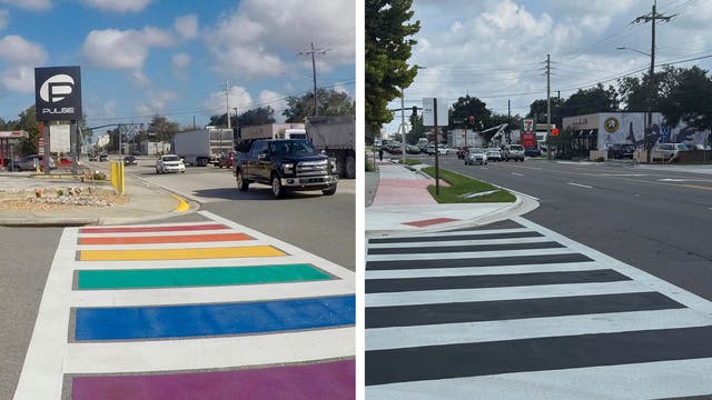 <p>A rainbow crosswalk in Orlando serving as a memorial outside what was the site of the Pulse nightclub massacre in 2016 was paved over on August 21 following instructions from the Trump administration and the administration of Florida Governor Ron DeSantis</p>
