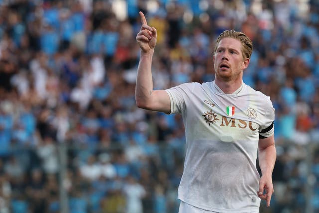 <p>Napoli's Kevin De Bruyne celebrates after scoring</p>