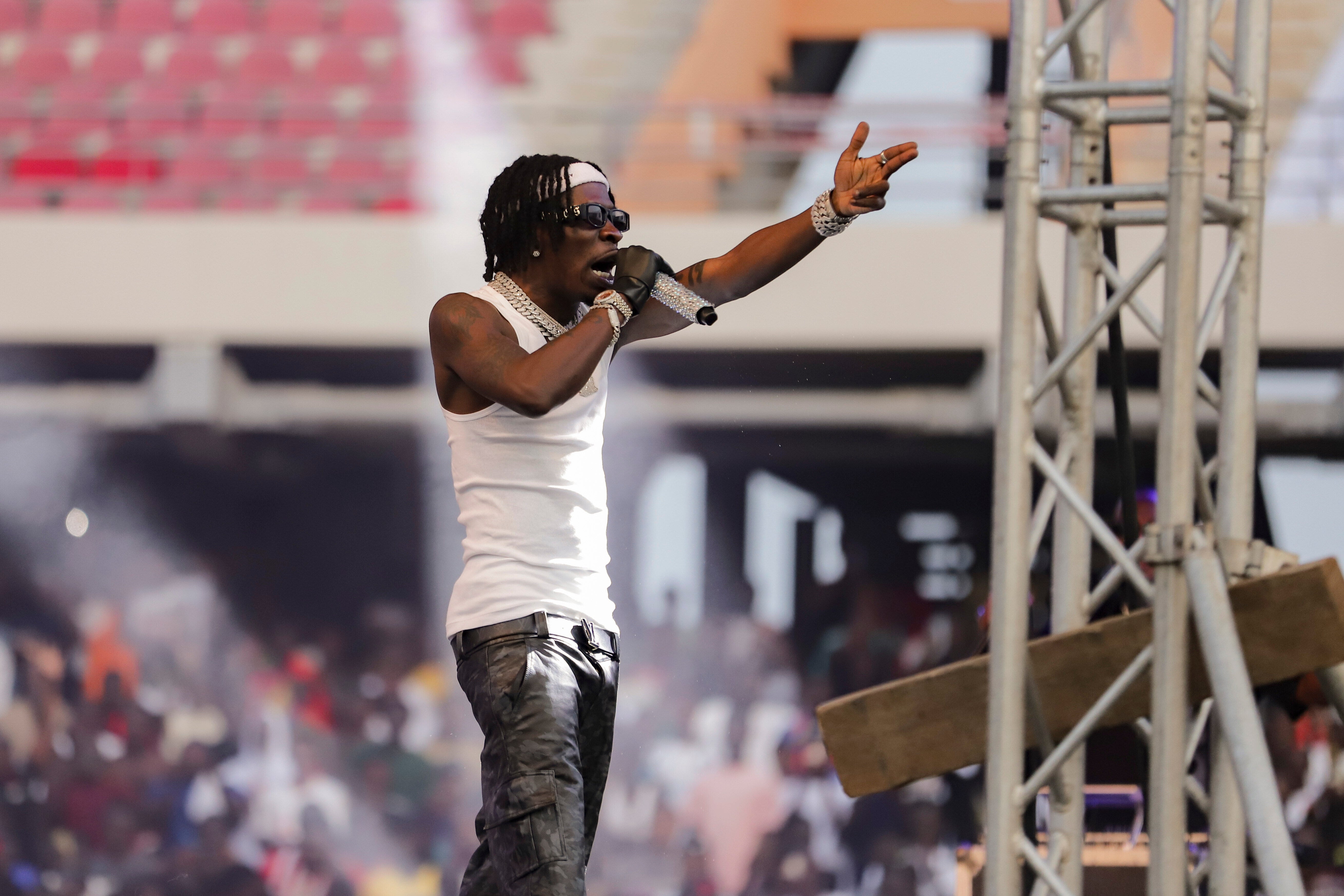 Ghanaian dancehall artist Charles Nii Armah Mensah, known by his stage name Shatta Wale, performs in Accra, Ghana, Sunday, July 6, 2025. (AP Photo/Peniel Brago Amoakohene)