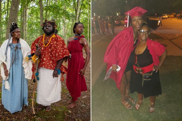 <p>Kaura Taylor, seen at left (in red dress) with so-called Kingdom of Kubala leaders King Atehene and Queen Nandi, and at right with a family member after graduating high school</p>