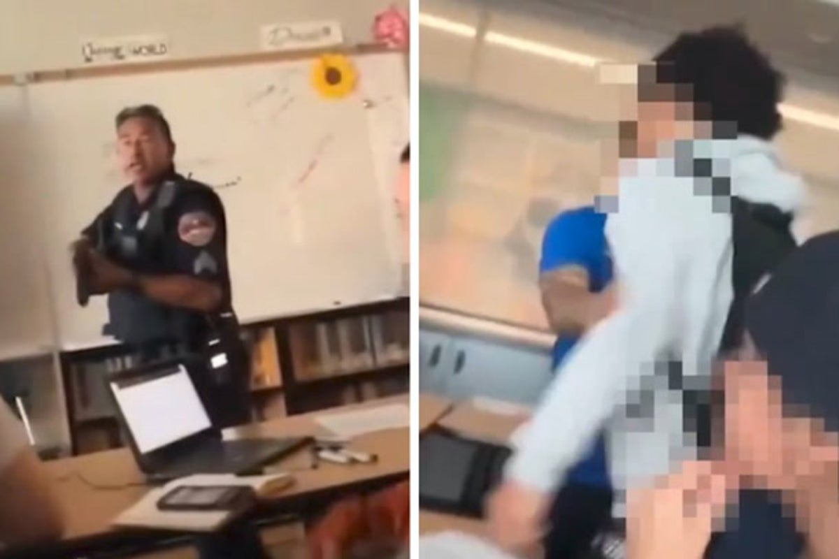 Chaotic scenes in New Mexico high school as armed police bust into classroom to arrest student over gun