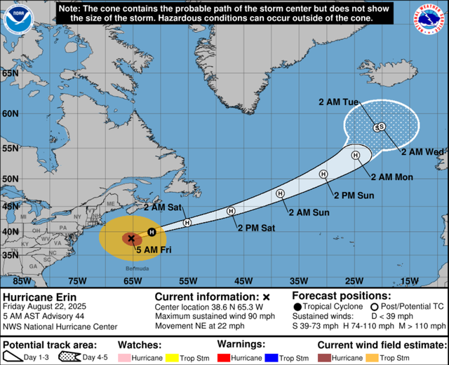 <p>A National Hurricane Center map of Hurricane Erin's probable path</p>