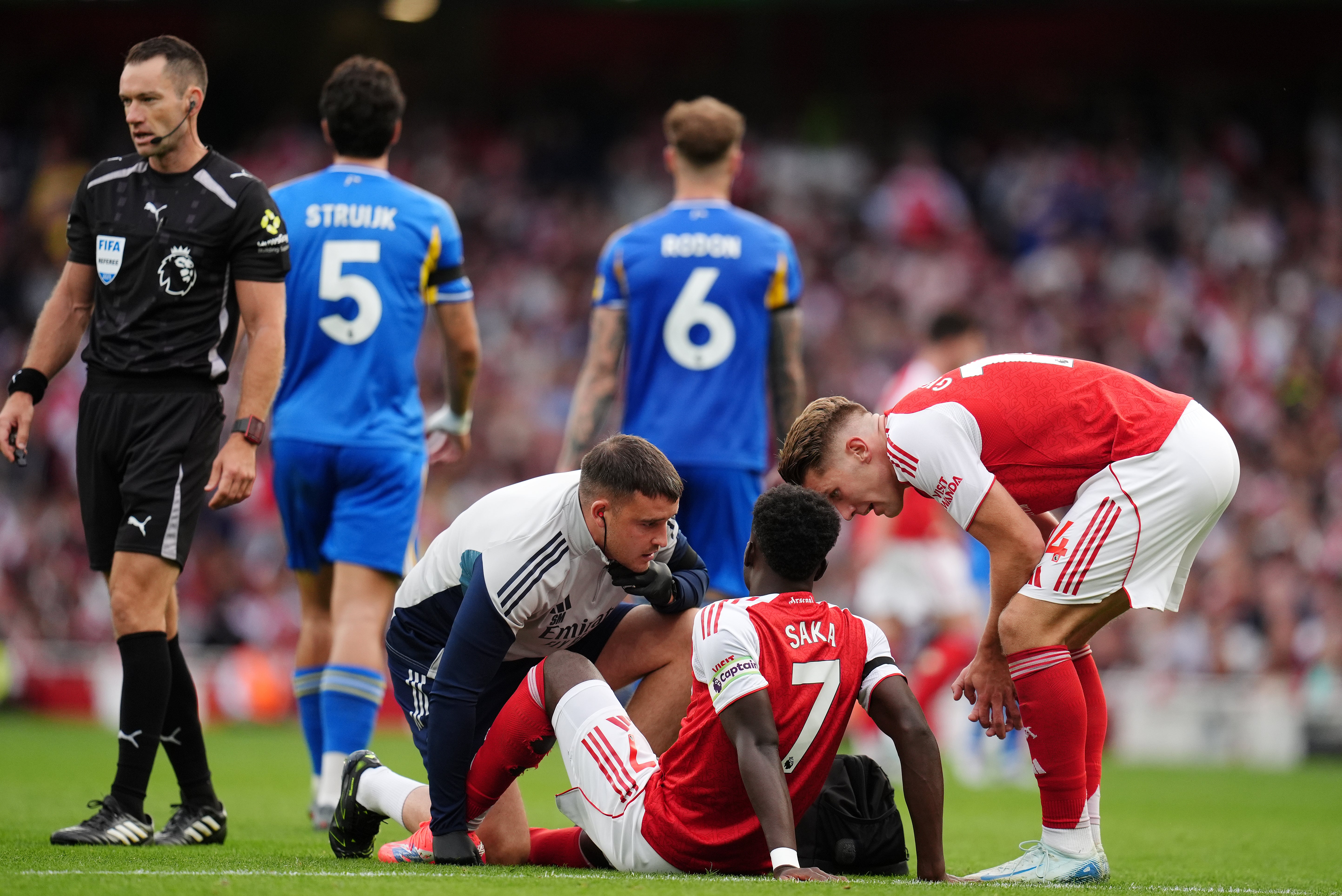 Bukayo Saka was forced off with what appeared to be a hamstring problem (John Walton/PA)
