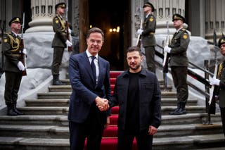 Ukraine's president Volodymyr Zelensky and secretary general of Nato Mark Rutte shaking hands ahead of their meeting in Kyiv