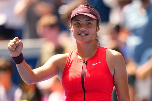 Emma Raducanu celebrates her win over Ena Shibahara (Yuki Iwamura/AP)