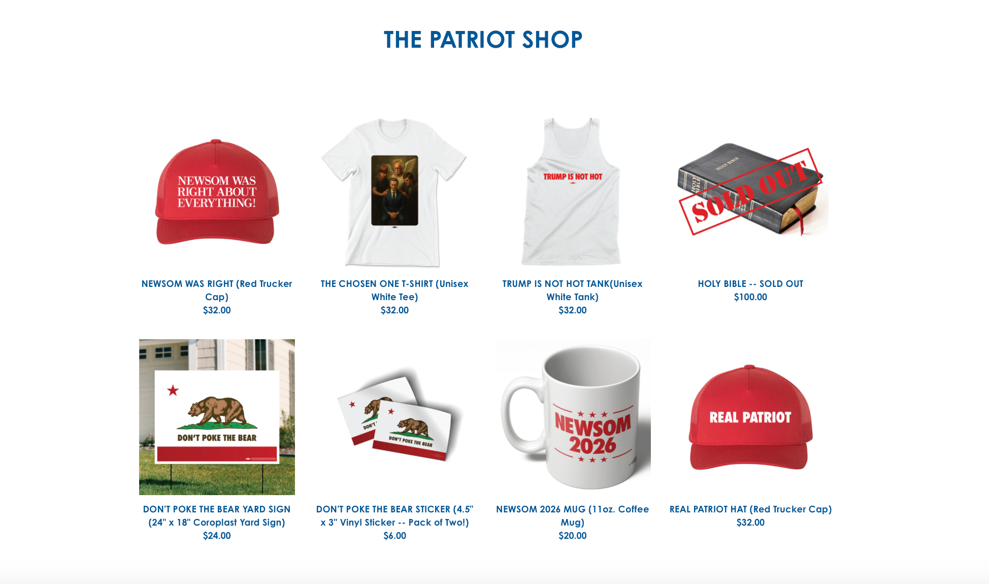 Newsom launches 'The Patriot Shop,' which mockingly offers MAGA-red hats and $100 Holy Bibles